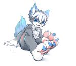  anthro band-aid bandage blue_eyes blue_nails canid canine canis chest_tuft colored_nails feet fishy_fizz foot_focus fur grey_body hair hi_res male mammal nails nude open_mouth open_smile pawpads paws simple_background sitting smile solo tail tuft wolf 