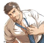 1boy arm_hair bara beard character_request chest_hair dutch_angle facial_hair hairy large_pectorals long_sideburns loose_necktie male_focus mature_male muscular muscular_male necktie pectoral_cleavage pectorals salaryman seductive_smile short_hair shoukan_yuusha_to_f-kei_kareshi sideburns sleeves_rolled_up smile solo sunfight0201 undressing wrinkled_skin 