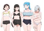  4girls bikini bikini_skirt black_bikini black_hair black_shorts blue_eyes blue_hair blunt_tresses breasts brown_eyes brown_hair cleavage cowboy_shot double_bun embarrassed grey_hair hair_bun hair_ornament hair_over_one_eye hairband hairclip hamakaze_(kancolle) highres isokaze_(kancolle) kantai_collection large_breasts long_hair medium_breasts medium_hair midriff mismatched_bikini multiple_girls navel off-shoulder_bikini off_shoulder ojipon red_eyes short_hair shorts side-tie_bikini_bottom sidelocks simple_background small_breasts swimsuit tanikaze_(kancolle) urakaze_(kancolle) white_background white_bikini white_hairband 