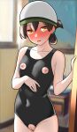  1girl against_door bare_shoulders basket black_one-piece_swimsuit blurry blurry_background blush breast_cutout breasts brown_hair closed_mouth collarbone commentary_request cowboy_shot crotch_cutout furaggu_(frag_0416) hair_between_eyes highres kantai_collection kasuga_maru_(kancolle) medium_hair nipples one-piece_swimsuit painting_(object) school_swimsuit small_breasts solo swim_cap swimsuit taiyou_(kancolle) white_headwear yellow_eyes 