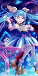  1girl absurdres ahoge blue_dress blue_eyes blue_hair bow cape cure_sky detached_sleeves dress earrings fingerless_gloves gloves gradient_hair hand_on_own_chest highres hirogaru_sky!_precure jewelry long_hair magical_girl multicolored_hair open_mouth pink_bow pink_hair precure puffy_detached_sleeves puffy_sleeves single_earring single_sidelock sky_mirage smile solo sora_harewataru taishou_(yzkt3453) thighhighs twintails two-sided_cape two-sided_fabric very_long_hair white_gloves white_thighhighs wing_hair_ornament 