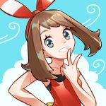  1girl bow_hairband brown_hair cloud commentary_request eyelashes fanny_pack ffccll grin hairband hand_up highres looking_at_viewer may_(pokemon) outdoors pokemon pokemon_(game) pokemon_oras shirt sky sleeveless sleeveless_shirt smile solo teeth upper_body v wind yellow_bag 