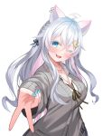  1girl ahoge animal_ears bettle_(b_s_a_n) blue_nails braid breasts cat_ears cleavage colored_inner_hair crescent crescent_hair_ornament ear_piercing gradient_hair grey_hair gyaru_v hair_between_eyes hair_ornament highres jewelry long_sleeves multicolored_hair necklace nekono_yukino one_eye_closed piercing pink_hair pocket re:act solo standing thick_eyebrows v virtual_youtuber white_background 