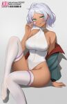  1girl :q absurdres aqua_eyes artist_name barcode bare_shoulders breasts candy closed_mouth collarbone covered_navel dark-skinned_female dark_skin food foot_out_of_frame grey_hair gundam gundam_suisei_no_majo highleg highres holding holding_candy holding_food holding_lollipop jacket kiu6 large_breasts leotard lollipop long_sleeves looking_at_viewer off_shoulder open_clothes open_jacket pixiv_id secelia_dote short_hair simple_background sitting smile solo thighhighs thighs tongue tongue_out white_leotard white_thighhighs 