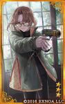  1boy aiming black_pants black_sweater brown_hair bungou_to_alchemist card_(medium) chain chromatic_aberration closed_mouth copyright cowboy_shot furrowed_brow glasses green-framed_eyewear green_eyes green_jacket gun handgun holding holding_gun holding_weapon indoors jacket long_sleeves lowres male_focus medium_hair nakano_shigeharu_(bungou_to_alchemist) official_art open_clothes open_jacket padded_jacket pants parted_bangs ribbed_sweater sideways_glance solo standing sweater tree turtleneck turtleneck_sweater usuke_(u_skeeep) weapon window zipper zipper_pull_tab 