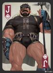  1boy abs around_crotch axe bag bara battle_axe beard belt black_eyes black_hair blue_headband bracer bulge card covered_abs diamond_(shape) eyepatch facial_hair fake_horns from_below frown gloves headband horned_headwear horns jack_(playing_card) large_pectorals looking_at_viewer male_focus mature_male muscular muscular_male nipples original pectorals planted revision shirt short_hair shorts solo strongman_waist t-shirt thick_arms thick_eyebrows thick_mustache thick_thighs thighs tight_clothes tight_shirt tooboshoo weapon 
