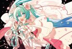 1girl :d aqua_hair black_background blue_eyes blue_hair cherry_blossoms detached_sleeves floating_hair gloves gradient_hair hair_between_eyes hatsune_miku highres holding holding_microphone long_hair long_sleeves magical_mirai_(vocaloid) magical_mirai_miku magical_mirai_miku_(2021) microphone multicolored_hair open_mouth smile solo tsubsa_syaoin twintails upper_body very_long_hair vocaloid white_gloves white_sleeves 
