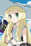  bag beach blonde_hair blunt_bangs blush braid cloud cloudy_sky cosmog dress emapippi green_eyes hat highres holding holding_bag lillie_(pokemon) long_hair looking_at_viewer ocean open_mouth pokemon sky sleeveless sleeveless_dress sun_hat twin_braids white_dress white_headwear 