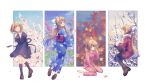  1girl air_(visual_novel) arms_behind_back autumn autumn_leaves bare_tree black_socks blonde_hair blue_eyes blue_kimono blush boots bow brown_footwear coat commentary_request cross_print facing_viewer floating_hair floral_print from_behind from_side full_body fur-trimmed_sleeves fur_trim hair_bow hair_intakes hair_ribbon hand_up happy highres hikari_(0607_hikari) japanese_clothes juliet_sleeves kamio_misuzu kimono knees_together_feet_apart long_hair long_sleeves looking_at_viewer looking_back multiple_persona necktie one_eye_closed open_mouth pajamas pink_pajamas ponytail profile puffy_sleeves red_coat red_necktie ribbon school_uniform seasons short_hair short_necktie simple_background sitting sleeping sleepy smile snow socks spring_(season) standing straight_hair summer tree very_long_hair wariza white_background white_bow winter winter_clothes yukata 