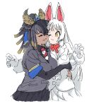  2girls animal_ears black_gloves black_hair black_skirt blonde_hair blush bow bowtie cheek-to-cheek closed_eyes collared_shirt cow_ears cow_girl cow_horns cowboy_shot dark_skin elbow_gloves fox_ears fox_tail fur_trim gloves goshingyu-sama_(kemono_friends) grey_jacket hatch_(hatch_box) heads_together horns hug jacket kemono_friends long_hair long_sleeves multicolored_hair multiple_girls necktie oinari-sama_(kemono_friends) one_eye_closed pleated_skirt red_bow red_bowtie red_necktie shirt short_hair short_sleeves skirt tail two-tone_necktie white_fur white_gloves white_hair white_jacket white_necktie white_shirt white_skirt yellow_eyes 