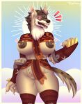  4_fingers anthro areola big_breasts brawlhalla breasts brown_areola brown_nipples brown_nose canid canine canis clothed clothing detailed_background female fingers fur hi_res hyena mammal mordex_(brawlhalla) multicolored_body multicolored_fur neck_tuft nipple_piercing nipples one_eye_closed partially_clothed piercing pupils red_eyes solo spots spotted_body spotted_fur thick_thighs toldohorny tuft watermark white_pupils wink wolf 