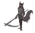  anthro barefoot blue_eyes claws clothed clothing domestic_cat feet felid feline felis fur hair hi_res kredri male mammal melee_weapon paws polearm pose scythe simple_background solo tail toe_claws toes weapon 