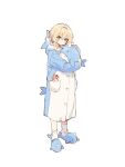  1girl alternate_costume animal_slippers blonde_hair full_body genshin_impact highres holding holding_stuffed_toy long_sleeves lumine_(genshin_impact) short_hair_with_long_locks sidelocks simple_background slippers socks solo ssm_(ssm82048039) standing stuffed_toy stuffed_whale whale_costume white_background white_socks yellow_eyes 