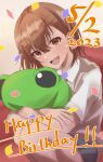  1girl :d absurdres blush brown_eyes brown_hair brown_sweater_vest commentary_request confetti dated gekota halya_meri happy_birthday highres looking_at_viewer medium_hair misaka_mikoto object_hug open_mouth school_uniform short_sleeves smile solo squatting stuffed_animal stuffed_frog stuffed_toy summer_uniform sweater_vest teeth toaru_kagaku_no_railgun toaru_majutsu_no_index tokiwadai_school_uniform upper_teeth_only 