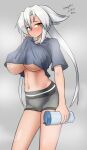 1girl absurdres alternate_costume breasts brown_eyes contrapposto cowboy_shot dark-skinned_female dark_skin dated grey_background grey_hair grey_shirt grey_shorts highres kantai_collection large_breasts looking_at_viewer low_twintails maru_(marg0613) musashi_(kancolle) navel shirt short_shorts shorts solo t-shirt tumbler twintails twitter_username underboob 
