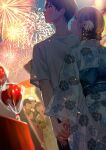  1boy 1girl absurdres aerial_fireworks brown_hair candy_apple festival fireworks floral_print flower food hair_flower hair_ornament hetero highres holding_hands japanese_clothes kimono looking_up macaronk night obi original people sash shirt t-shirt white_kimono white_shirt yukata 