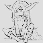  1girl absurdres alternate_costume bottomless breasts closed_mouth commentary english_commentary fir3born full_body glasses grey_background grey_theme greyscale hair_down happy highres knee_up league_of_legends long_hair looking_at_viewer monochrome own_hands_together pince-nez pointy_ears poppy_(league_of_legends) ribbed_socks ribbed_sweater semi-rimless_eyewear sidelocks simple_background sitting sketch small_breasts smile socks solo split_mouth spread_legs sweater swept_bangs turtleneck turtleneck_sweater v_arms very_long_hair yordle 