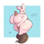  anthro big_breasts blush breasts brush english_text eyes_closed female happy hi_res huge_breasts inkbunny inkbunny_(character) lagomorph leporid lightmizano mammal pink_body rabbit simple_background slightly_chubby smile solo text thick_thighs 