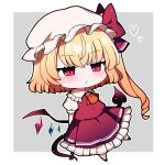  absurdres arms_behind_back ascot blonde_hair brown_footwear chibi collared_shirt commentary crystal crystal_wings flandre_scarlet frilled_shirt_collar frilled_skirt frills grey_background hat hat_ribbon heart highres laevatein_(touhou) medium_hair mob_cap one_side_up puffy_short_sleeves puffy_sleeves red_eyes red_ribbon red_skirt red_vest ribbon shirt shoes short_sleeves skirt skirt_set slit_pupils socks touhou unamused vest white_headwear white_shirt white_socks wings yellow_ascot you_(noanoamoemoe) 