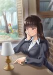  2girls black_hair blush breasts brown_eyes brown_hair closed_mouth girls_und_panzer highres indoors kiasa large_breasts long_hair looking_at_another multiple_girls nishizumi_miho nishizumi_shiho short_hair sitting smile table tree wavy_mouth window 