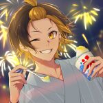  1boy bachira_meguru black_hair blonde_hair blue_kimono blue_lock colored_inner_hair cup fireworks food grin holding holding_cup holding_spoon japanese_clothes kimono male_focus multicolored_hair night one_eye_closed outdoors shaved_ice short_hair smile solo spoon teeth topknot tsukky twitter_username two-tone_hair upper_body yellow_eyes 