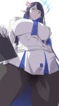  1girl anger_vein belt black_hair blue_archive blue_eyes blue_necktie breasts clipboard dress earrings glasses gloves halo ion_(cation) jacket jewelry large_breasts looking_down necktie open_clothes open_jacket pantyhose pointy_ears rin_(blue_archive) solo white_belt white_dress white_gloves white_jacket 