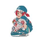  1girl air_max air_max_90 aqua_eyes aqua_footwear aqua_headwear aqua_jacket aqua_shorts badge bandaid bandaid_on_leg baseball_cap blush button_badge closed_mouth clothes_writing from_side hand_on_own_cheek hand_on_own_face hand_up hat highres jacket jitome looking_at_viewer looking_to_the_side nao97122 nike original outside_border patch red_hair ribbed_socks shoes short_hair short_twintails shorts simple_background sneakers socks solo squatting streetwear twintails white_background white_sleeves white_socks 