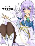  1girl alternate_costume blush breasts dress fire_emblem fire_emblem:_genealogy_of_the_holy_war gem jewelry julia_(fire_emblem) julia_(resplendent)_(fire_emblem) long_hair looking_at_viewer official_alternate_costume pantyhose purple_eyes purple_hair simple_background solo yukia_(firstaid0) 