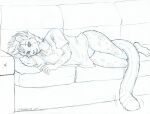  2017 anthro biped black_and_white bottomless bottomless_female breasts cheetah clothed clothing eyebrows facial_markings felid feline female furniture genitals hair head_markings king_cheetah leopard_spots lying lying_on_sofa malachyte mammal markings monochrome on_side on_sofa pussy shirt shirt_only short_hair sigma117 small_breasts sofa solo spots spotted_body teeth topwear topwear_only 