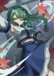  1girl absurdres armpits bare_shoulders blue_skirt closed_mouth detached_sleeves frog_hair_ornament green_hair hair_ornament hair_tubes highres japanese_clothes kochiya_sanae leaf long_hair maguri_rei maple_leaf nontraditional_miko skirt snake_hair_ornament solo torii touhou white_sleeves wide_sleeves yellow_eyes 