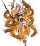  1girl animal bare_shoulders breasts fire_emblem fire_emblem_heroes forehead_jewel full_body gem gold_trim gradient_clothes gradient_hair grey_hair gullveig_(fire_emblem) high_heels highres horns jewelry large_breasts long_hair multicolored_hair non-web_source official_art orange_hair pale_skin pants see-through single_horn sleeveless snake solo staff transparent_background two-tone_hair yoshiku_(oden-usagi) 