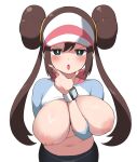  1girl :o blue_eyes blush breasts brown_hair double_bun hair_bun hand_on_own_chin hat highres large_breasts long_hair looking_at_viewer navel nipples open_mouth pokemon pokemon_(game) pokemon_bw2 pokemon_masters_ex rosa_(pokemon) simple_background solo stroking_own_chin twintails visor_cap white_background yabai_gorilla 