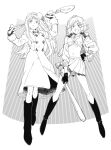  2girls america_(hetalia) axis_powers_hetalia baseball_bat boots breasts buttons cleavage coat cross double-breasted eduroku floating_clothes front-tie_top fur-trimmed_jacket fur-trimmed_sleeves fur_trim genderswap genderswap_(mtf) greyscale hair_ornament hairband hairclip hand_on_own_hip hands_up hat holding holding_baseball_bat holding_shovel jacket jewelry knee_boots legs_apart long_sleeves looking_at_viewer midriff miniskirt mittens monochrome multiple_girls necklace open_clothes open_jacket open_mouth pleated_skirt ring_necklace russia_(hetalia) short_hair shovel skirt standing star_(symbol) star_hair_ornament swept_bangs winter_clothes 