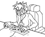  2023 3_horns angry anthro black_and_white breasts ceratopsian cleavage clothed clothing computer_mouse dinosaur eyelashes female fingers frill_(anatomy) goodbye_volcano_high hair hoodie horn keyboard monochrome multi_horn ornithischian reptile scalie short_hair sitting snoot_game_(fan_game) solo teeth topwear triceratops trish_(gvh) unknown_artist 