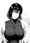  1girl absurdres breasts cup drinking_glass fubuki_(one-punch_man) greyscale highres iwao178 large_breasts looking_at_viewer medium_hair monochrome one-punch_man reflection ribbed_sweater saitama_(one-punch_man) sleeveless sleeveless_sweater sweater turtleneck turtleneck_sweater white_background wine_glass 