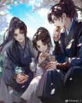  3boys :o artist_name bag bishounen black_hair black_robe black_sash blue_eyes blue_sky blush bottle brown_eyes child chinese_clothes chinese_commentary chu_wanning cloud commentary_request day eating erha_he_tadebai_mao_shizun floating_hair food food_in_mouth food_request hand_up hanfu high_ponytail highres holding holding_bottle holding_food light_particles long_hair long_sleeves looking_at_another male_child male_focus mo_ran multiple_boys napkin open_mouth outdoors paper_bag parted_bangs petals ponytail purple_eyes robe sash sheng3_3 sidelocks sitting sky smile teeth tree upper_teeth_only vambraces weibo_logo weibo_username white_robe xia_sini xue_meng 