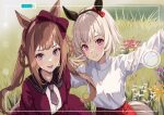  2girls :d animal_ears black_hairband bow brown_hair curren_chan_(umamusume) dress ear_bow ear_covers fake_screenshot grey_hair hair_rings hairband horse_ears horse_girl horse_tail jewelry kama_o_nu long_hair long_sleeves looking_at_viewer multiple_girls necklace necktie purple_dress purple_eyes purple_necktie red_bow red_skirt selfie short_hair skirt smile sweater sweep_tosho_(umamusume) tail twintails umamusume white_sweater 