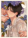 1boy 2others absurdres bishounen black_hair blue_flower border breast_pocket brown_eyes bug butterfly buttons closed_mouth collared_shirt flower from_side highres hydrangea kagoya1219 leaf looking_at_viewer looking_to_the_side male_focus multiple_others original out_of_frame plant pocket purple_flower shirt short_hair signature solo_focus upper_body white_border white_butterfly white_shirt 