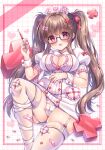  1girl :d bandaid bandaid_on_leg black-framed_eyewear blush bow breasts brown_hair cameltoe cleavage cleavage_cutout clothing_cutout collared_dress commentary_request dress feet_out_of_frame garter_straps glasses hair_bow hat heart highres holding holding_syringe knee_up kouta. large_breasts long_hair nurse nurse_cap original panties pink_bow puffy_short_sleeves puffy_sleeves red_bow red_eyes semi-rimless_eyewear short_sleeves smile solo syringe thighhighs twintails under-rim_eyewear underwear very_long_hair white_dress white_headwear white_panties white_thighhighs wrist_cuffs 