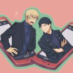  2boys absurdres akai_shuuichi amuro_tooru beanie black_hair black_headwear black_jacket blank_eyes blonde_hair blue_shirt blue_sweater cellphone collared_shirt crossed_arms hands_on_own_hips hat highres jacket long_sleeves looking_at_another male_focus meitantei_conan multiple_boys niina_1oo9 open_mouth phone pink_background shirt short_hair sweater upper_body v-shaped_eyebrows 