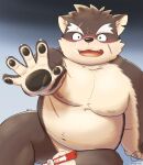  5groo5 anthro belly blush brown_body brown_fur canid canine canis domestic_dog eyebrows fupa fur hi_res lifewonders male mammal moritaka musclegut navel nipples nude overweight pecs thick_eyebrows tokyo_afterschool_summoners 