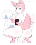  5_fingers anthro anus backsack balls big_balls blue_eyes blush blush_lines butt cheek_tuft crouching eeveelution facial_tuft fiamourr fingers fluffy fluffy_tail fur generation_6_pokemon genitals girly glistening glistening_body hi_res holding_object holding_phone male nintendo nude phone pink_body pink_fur pokemon pokemon_(species) presenting presenting_hindquarters rear_view ribbons selfie solo sylveon tail tail_motion tailwag text tongue tongue_out tuft url white_body white_fur 
