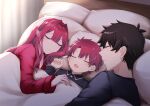  1girl 2boys bed_sheet black_hair black_pajamas closed_eyes closed_mouth commentary_request commission fairy_knight_tristan_(fate) fate/grand_order fate_(series) father_and_son fujimaru_ritsuka_(male) hair_between_eyes hair_intakes highres ichi_kq if_they_mated indoors long_hair long_sleeves lying mother_and_son multiple_boys on_bed open_mouth pajamas pillow pixiv_commission pointy_ears profile red_hair red_pajamas short_hair sleeping straight_hair 