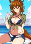  1girl agnes_tachyon_(lunatic_lab)_(umamusume) agnes_tachyon_(umamusume) alternate_eye_color animal_ears beach_towel bikini bikini_under_clothes black_bikini breasts brown_eyes brown_hair cleavage commentary_request cup denim denim_shorts drinking_straw ear_ornament hair_between_eyes highres holding holding_cup horse_ears horse_girl horse_tail looking_at_viewer medium_breasts navel official_alternate_costume on_ground short_hair shorts smile solo summer&#039;s_sunlight_fades_to_blue_(umamusume) swimsuit tail towel umamusume wahiko_(black_bastard) 