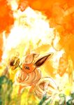  animal_focus artist_name black_eyes blurry blurry_foreground commentary_request flareon flower highres looking_at_viewer mouth_hold neck_fur no_humans orange_background orange_theme outdoors pokemon pokemon_(creature) short_hair signature solo sunflower tensaitou_tou twitter_username white_hair yellow_flower 
