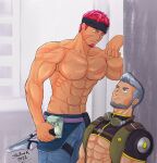  2boys abs artist_name bara beard biceps blush crop_top facial_hair feet_out_of_frame gyee headband highres holding holding_knife knife looking_at_another male_focus manly master_(gyee) mature_male multiple_boys muscular muscular_male musso_(gyee) nipples pants pectorals red_hair scar shibark signature spiked_hair stubble underpec weapon 