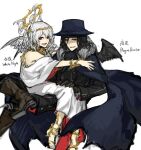  1boy 1girl barefoot_sandals black_coat black_eyes black_hair black_pants black_wings blue_cape boots bracelet brown_footwear brown_gloves cape coat dress gloves halo head_wings jewelry lobotomy_corporation necklace nishikujic pants personification plague_doctor_(project_moon) plague_doctor_mask project_moon red_eyes simple_background sitting white_background white_dress white_hair whitenight_(lobotomy_corporation) wings 