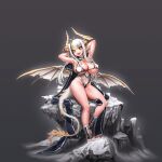  1girl absurdres antenna_hair arm_up armpits arms_behind_head arms_up bare_legs bare_shoulders black_hair blonde_hair breasts cain_(gunnermul) cape cleavage dragon_girl dragon_horns dragon_tail dragon_wings full_body grey_background groin highres horns large_breasts legs leotard looking_at_viewer multicolored_hair orange_eyes original pointy_ears rock sitting slit_pupils smile solo stirrup_legwear streaked_hair swimsuit tail toeless_legwear toes torn_wings white_hair wings 