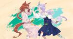  2girls ^_^ animal_ears bare_shoulders blue_skirt blush braid braided_ponytail breasts brown_hair can choker closed_eyes dress ear_bow glasses high-waist_skirt highres holding holding_can horse_ears horse_girl horse_tail ikuno_dictus_(umamusume) long_hair long_sleeves looking_at_another low_ponytail mejiro_mcqueen_(umamusume) multiple_girls off-shoulder_shirt off_shoulder one_eye_closed open_mouth paint paint_on_clothes paintbrush pink_dress purple_hair round_eyewear sandals shirt sinnra_art skirt small_breasts smile spray_can tail umamusume walking white_shirt 