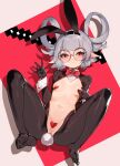  1girl absurdres animal_ears bandaid bandaids_on_nipples banqiu blush bow bowtie breasts chinese_zodiac fake_animal_ears feet glasses grey_hair groin hair_rings heart heart-shaped_pupils highres looking_at_viewer lying meme_attire navel original pasties pointy_ears pussy pussy_juice pussy_peek rabbit_ears rabbit_tail red_bow red_bowtie red_eyes revealing_clothes reverse_bunnysuit reverse_outfit round_eyewear shadow small_breasts solo spread_legs symbol-shaped_pupils tail wrist_cuffs year_of_the_rabbit 